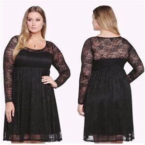 Torrid black lace illusion neckline long sleeve sheer mini dress skater style em